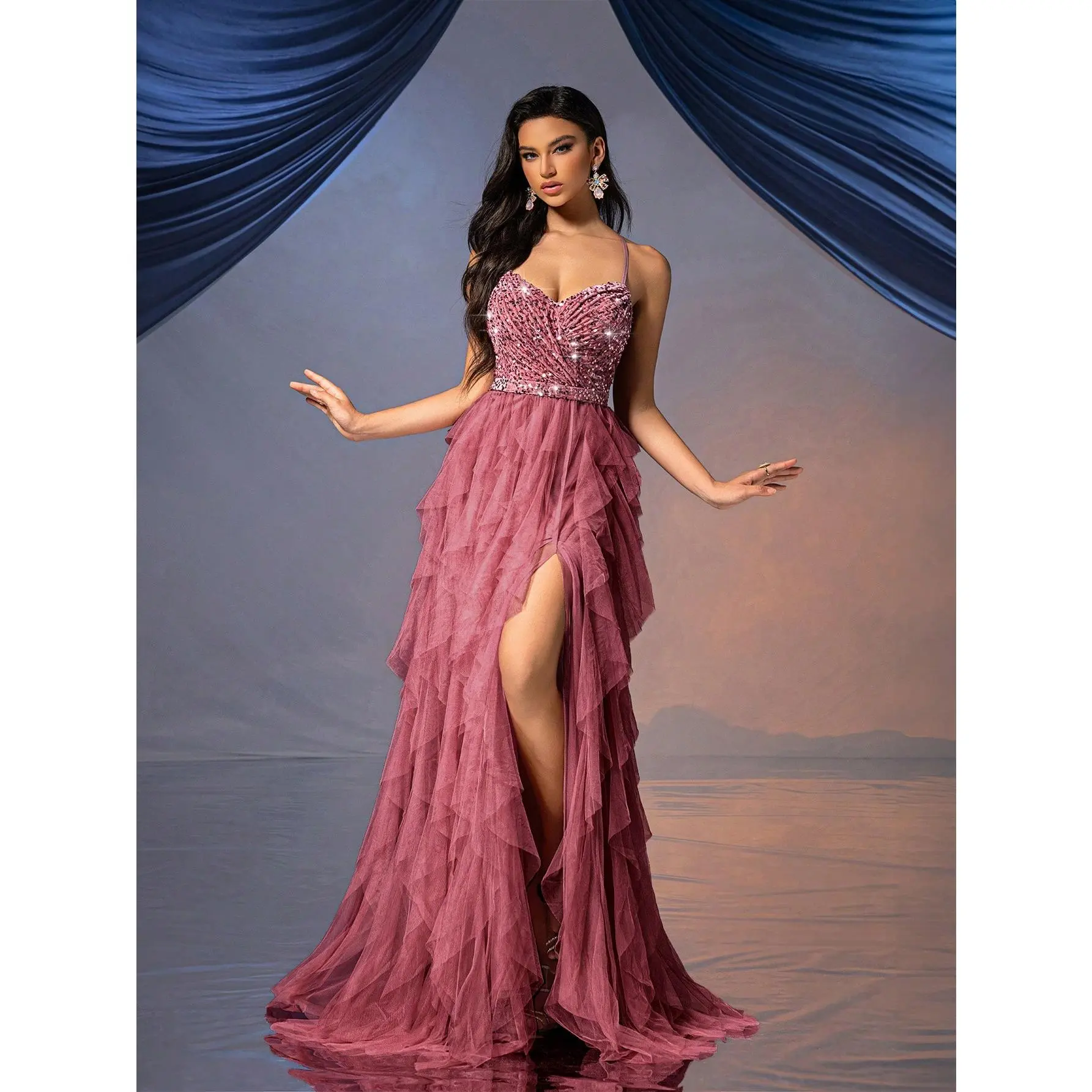 Women's Spaghetti Strap Sweetheart Neck Evening Gown - Fairy-Style Backless Sequined Ruffled Tulle A-Line Long Dress with High Slit for Wedding, Formal Party Womenswear Elegant Polyester