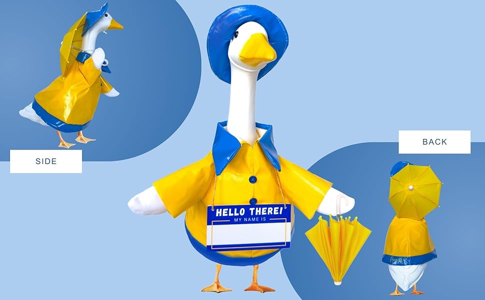 Goose Outfits Raincoat and Personalized Name Sign- Dress Up Your 23in Plastic or Concrete Goose Statue with Funny Costumes and Fall Outfit, Decor Duck Clothes for Outdoor Statues