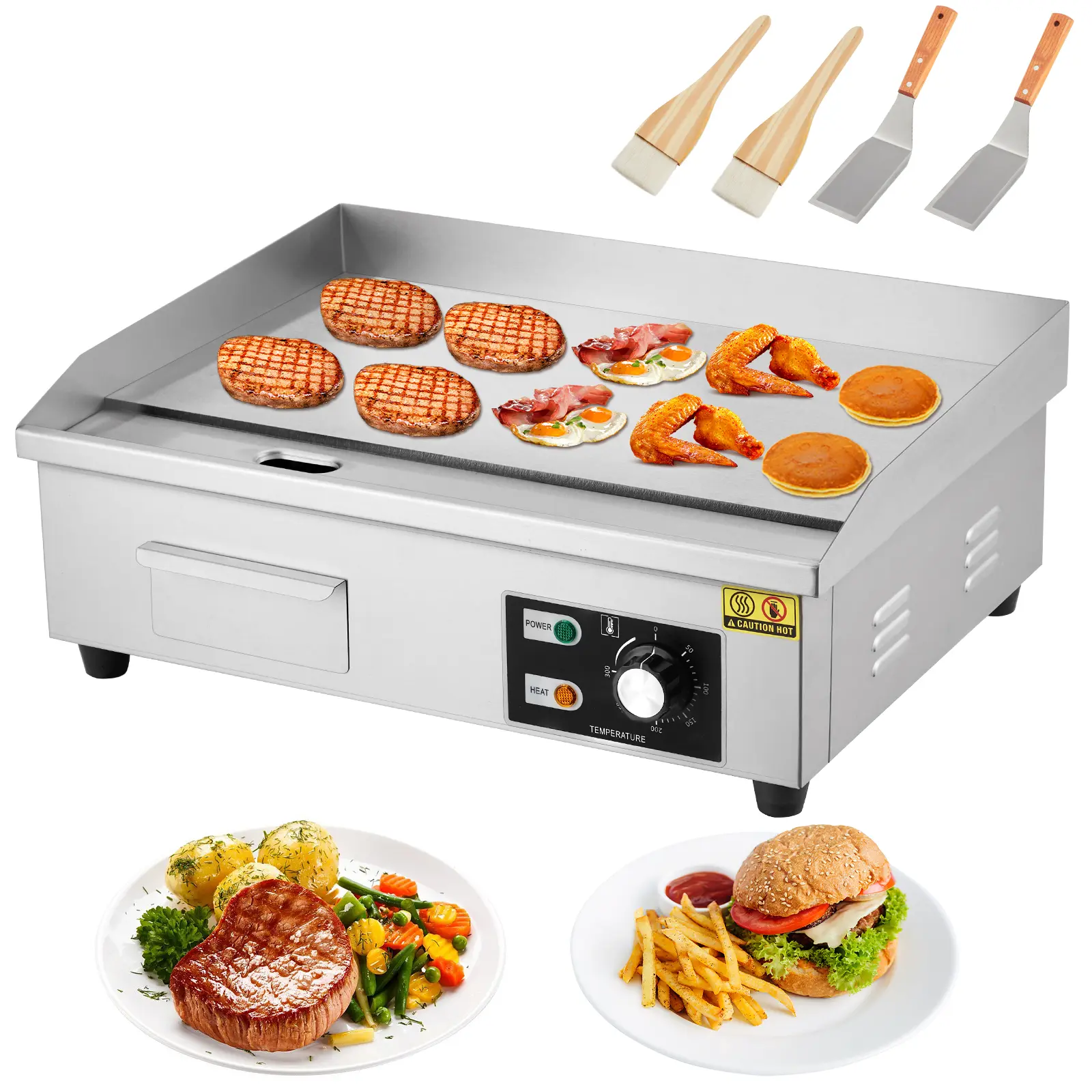 Stainless Steel Electric Griddle and Grill (21.26x15.75x8.66in), 1600W Nonstick Indoor Flat Top Tabletop Model with Cleaning Brush & Spatula, 122-572°F Adjustable Temp for Home Kitchen Hibachi Dinner, Indoor Grill Griddle