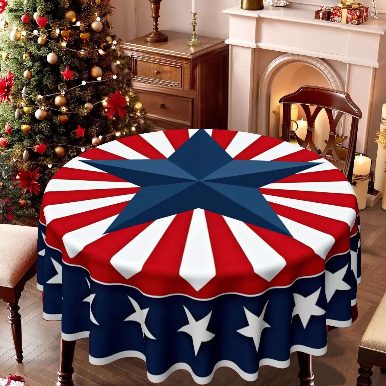 Multi-Size Patriotic Texas Star Round Tablecloth - Red White Blue Starburst Stripe Border Polyester Cover, Waterproof, Wrinkle-Resistant for 4th of July Independence Day Dining Home Decoration