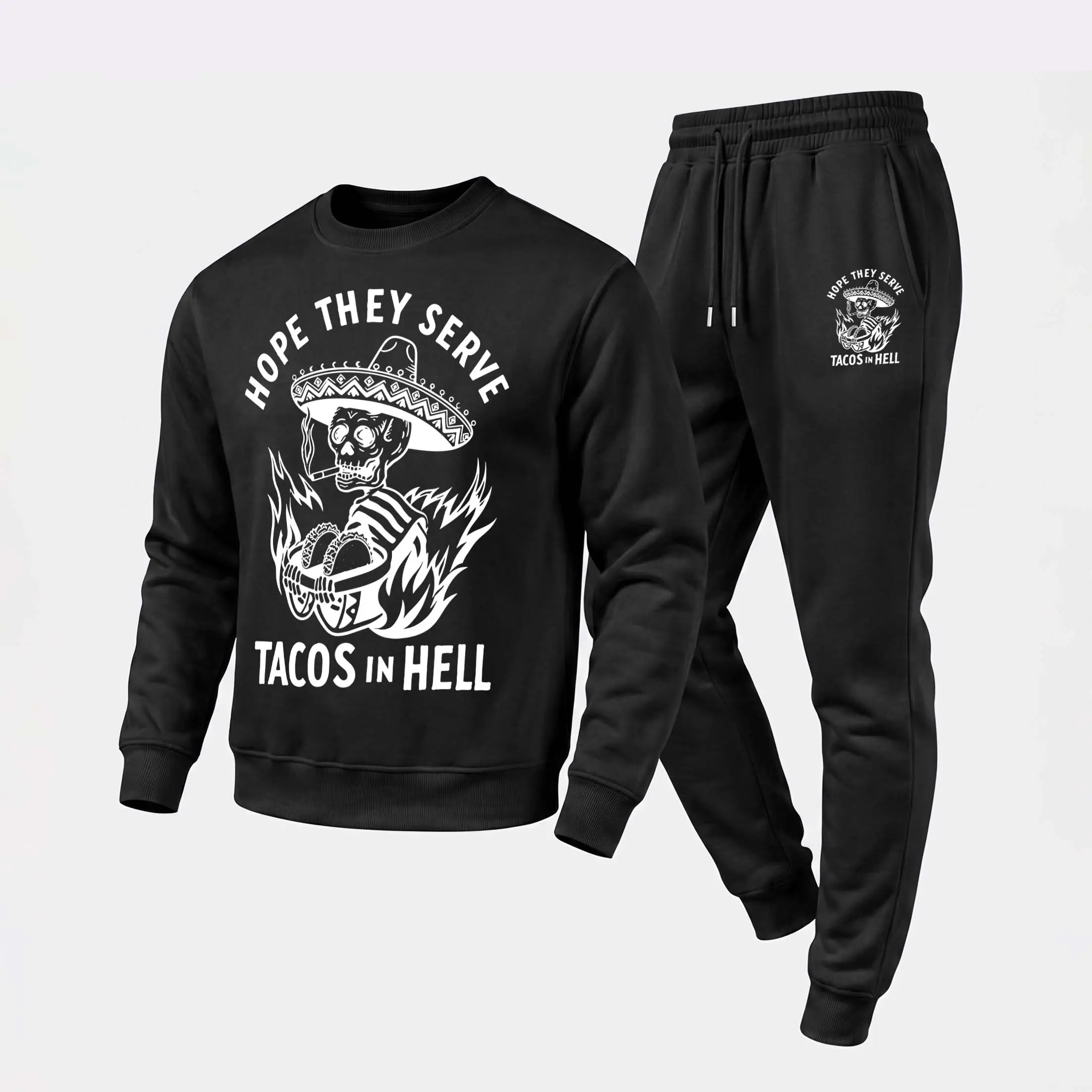 Men's “Hope They Serve Tacos In Hell ” Graphic Crewneck Sweatshirt and Jogger Pants Set, Casual Long Sleeve Pullover with Drawstring Sweatpants, Fall Winter Tracksuit for Daily Wear, Travel, Lounge, Workout and Indoor Outdoor Activities