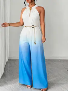 Plus Size Gradient Halter Jumpsuit, High Waist Belt Design, Elegant Zipper Detail, Versatile for All Seasons, Perfect for Work, Beach, Daily Wear