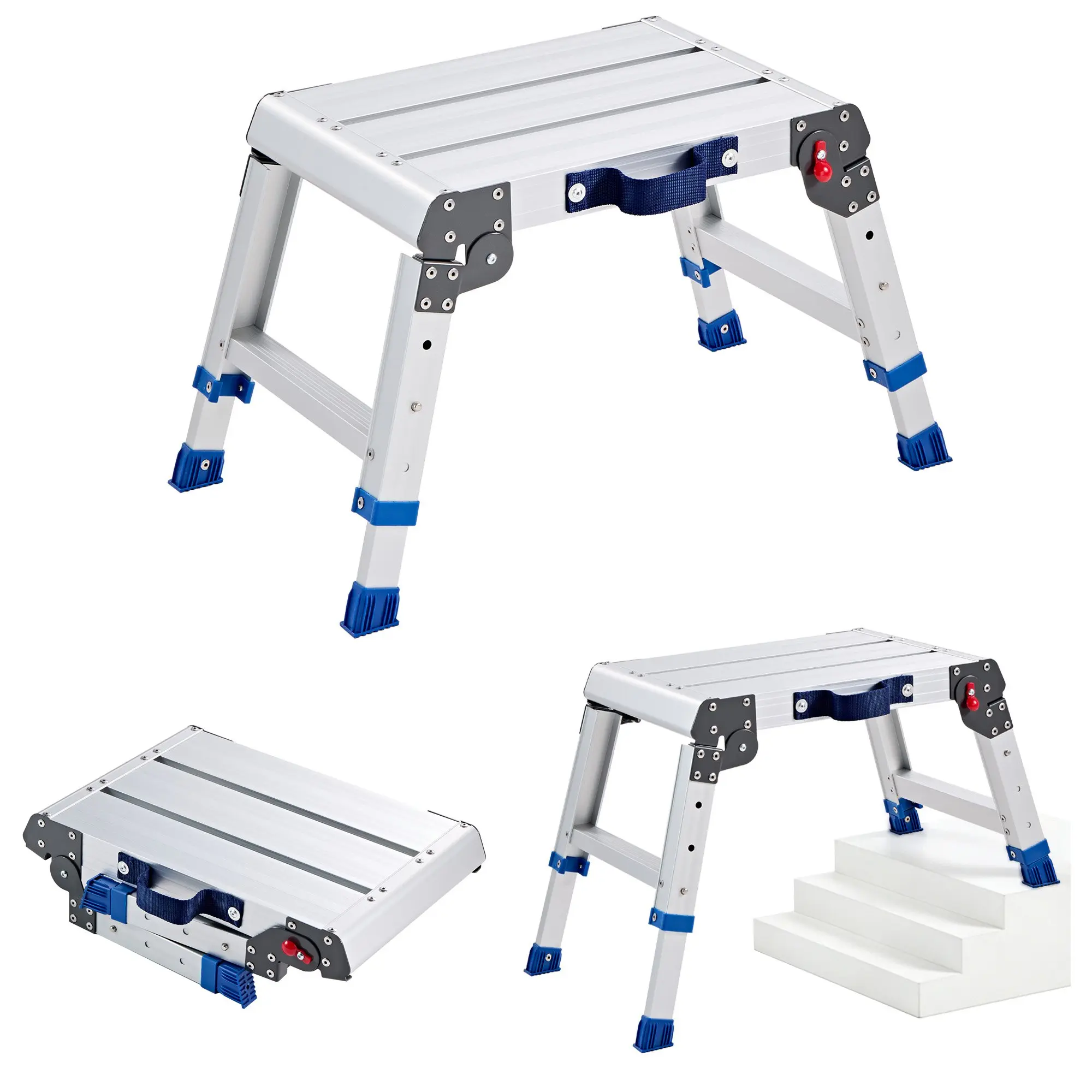 VEVOR Aluminum Alloy Compact Fold-Up Step Stool, 12-16 in Adjustable Height, 500lb Capacity, Heavy-Duty Non-Slip Platform Ladder, Portable Work Bench for Home, Professional Use