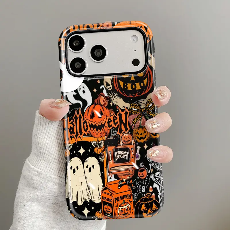Spooky Halloween Pattern 2-in-1 Dual-Layer Glossy Film Screen Protector & Casing, Durable Shockproof Silicone TPU Smartphone Accessory for Cellphone Handheld Devices Compatible with iPhone 17/16/15/14/13/12/11 Pro Max Plus Air E