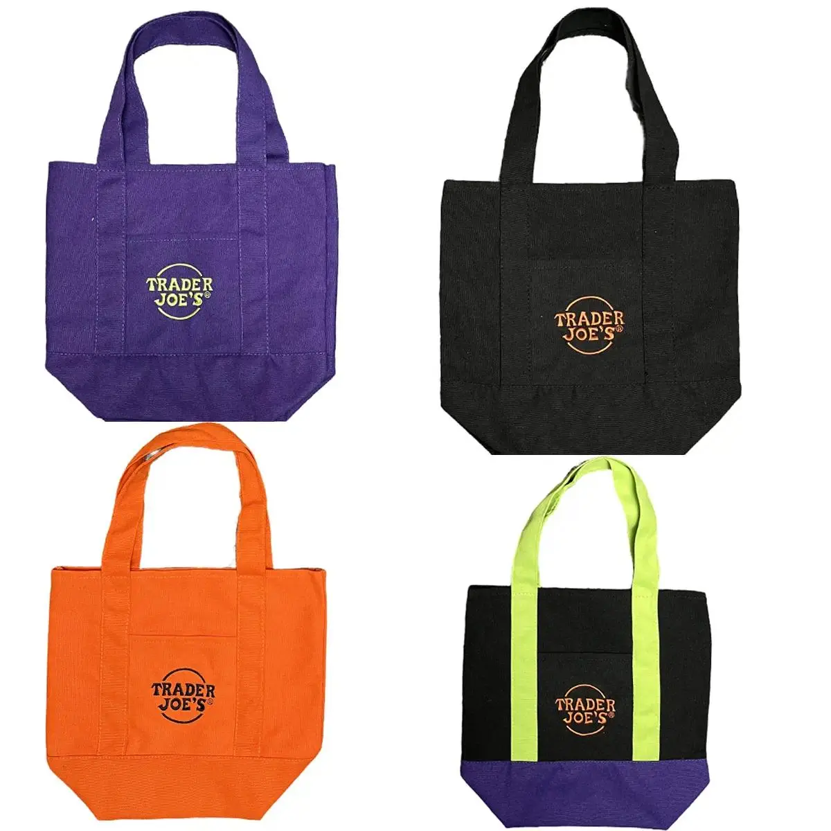 Trader Joe's 2025 Limited Edition Pastel Mini Canvas Tote Bags (Lot of 4, NWT) - Embroidered Cotton, Single-Sided Embroidery & Lettering for Camping, Hiking, Picnics