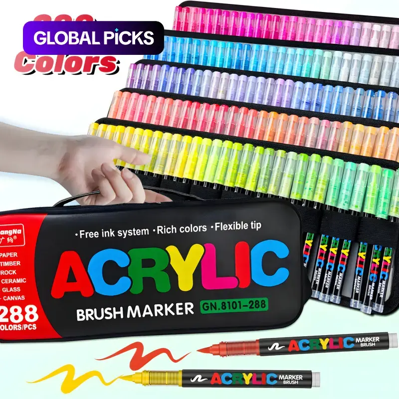 Guangna Automatic Ink Control Acrylic Paint Markers, Brush Tip Acrylic Paint Pens for Wood Rock Glass Canvas Stone Fabric Glass Metal Ceramic Canvas DIY Crafts Art Supplies Gifts Art Marker Set