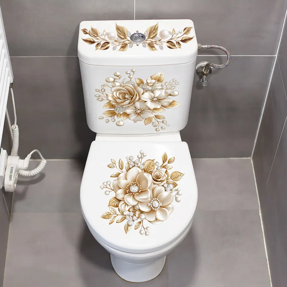 3-Piece Luxury PVC Self-Adhesive Bathroom Toilet Tank Stickers, Matte Irregular Floral Decorative Decals, Waterproof Bathroom Essential Accessories