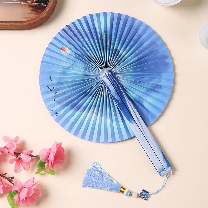 Fan with magnetic attachment Chinese folding paper fan, with ancient-style design, a lady's round fan with tassels, a classical group fan, a fan cover as a home decoration box, suitable as a party gift or birthday present for Chinese folding fans
