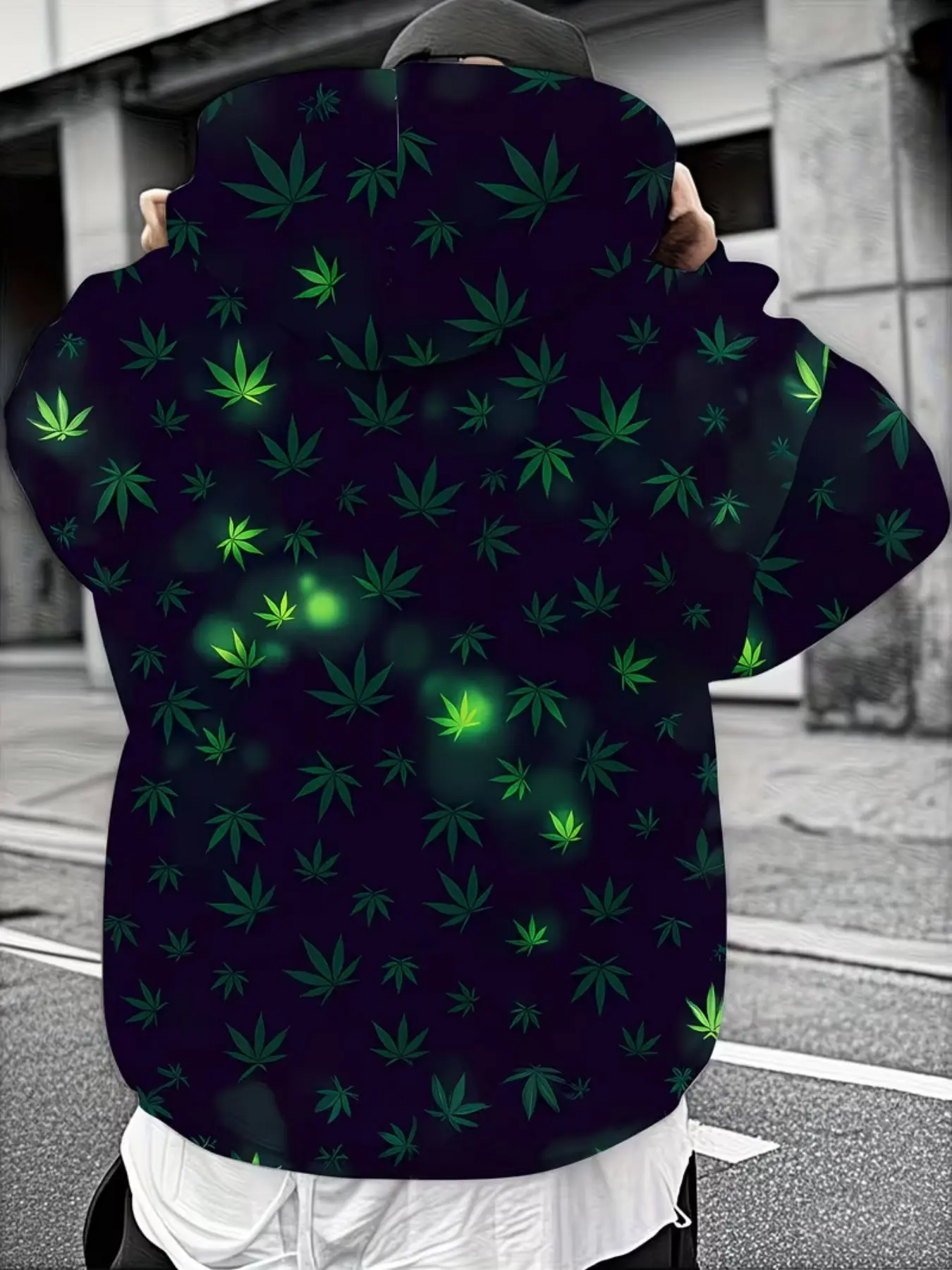 Neon / Hoodie with Glowing Leaf Print, Drawstring Pocket Sweatshirt, Streetwear for Events and Daily Wear