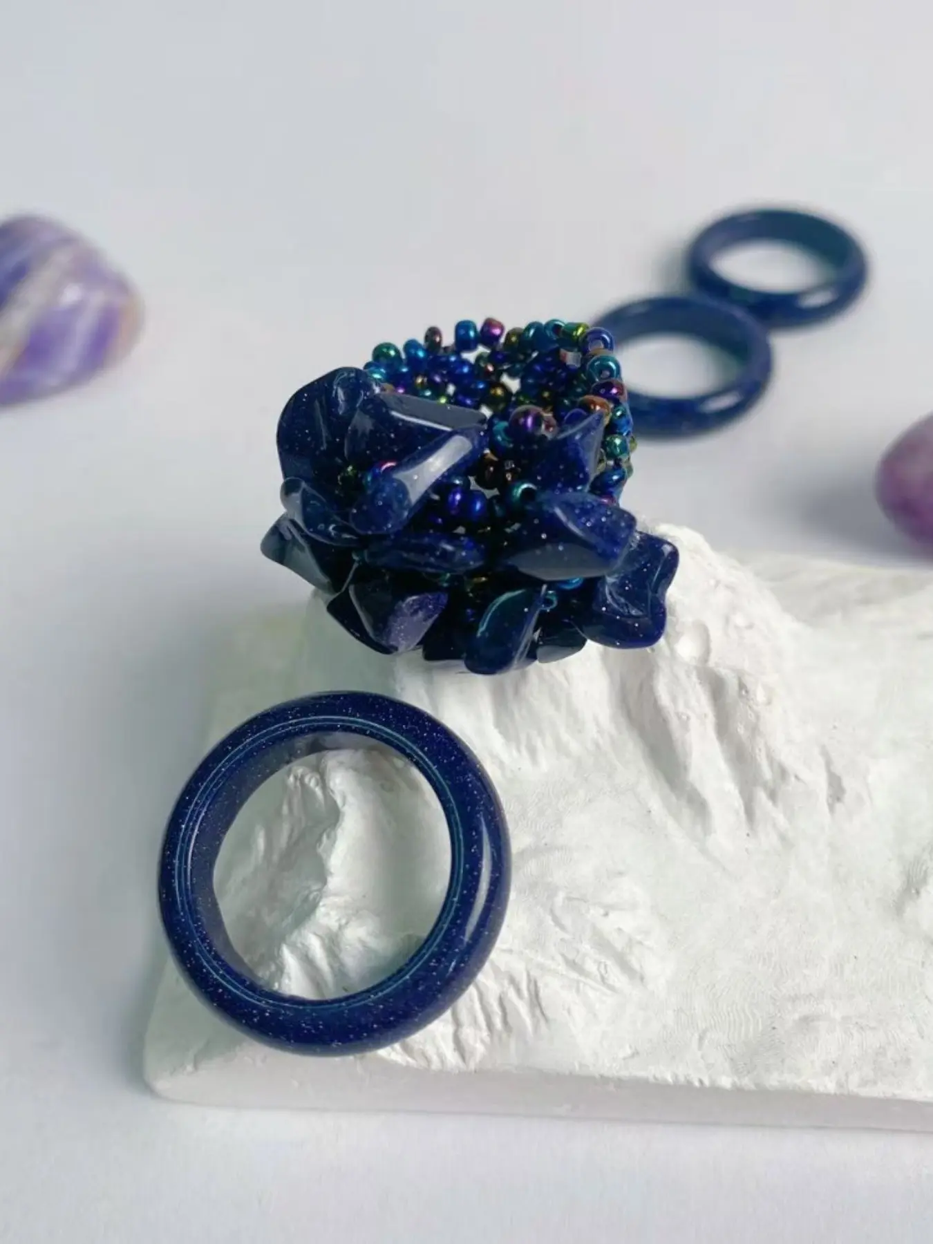 2pcs Natural Blue Sandstone Ring Set, Handmade Braided Band, Bohemian Style Jewelry, DIY Pendant Loop, Wedding Party Accessory, Valentine's Day Gift