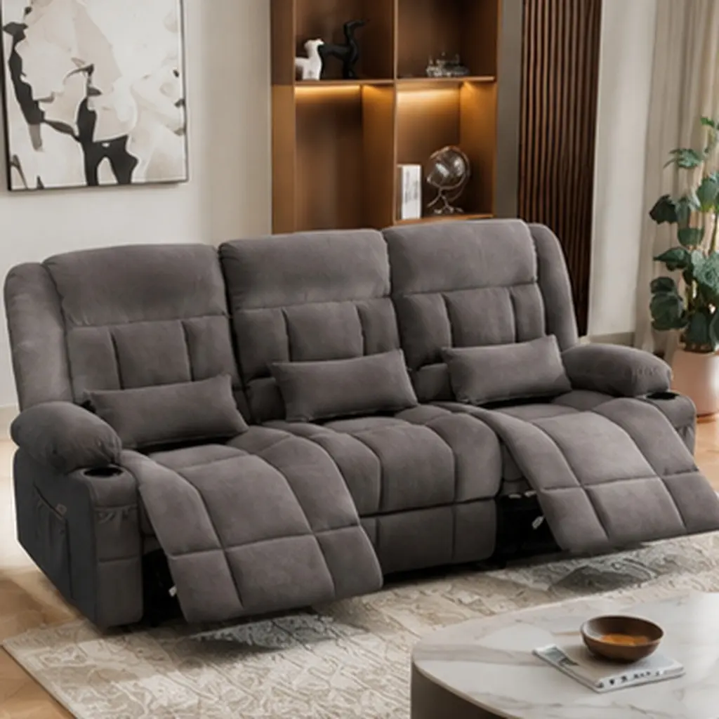 ARCH 84" Modern Sturdy Manual Reclining 3-Seat Sofa - 84.25" W x 34.64" D x 41.14" H, 990 lbs Capacity, Breathable Fabric Upholstery, Cup Holders, Side Pockets, Storage, Lumbar Pillow, Metal Frame, Living Room Home Theater, Multi-Color (Blue/Brown/Grey),