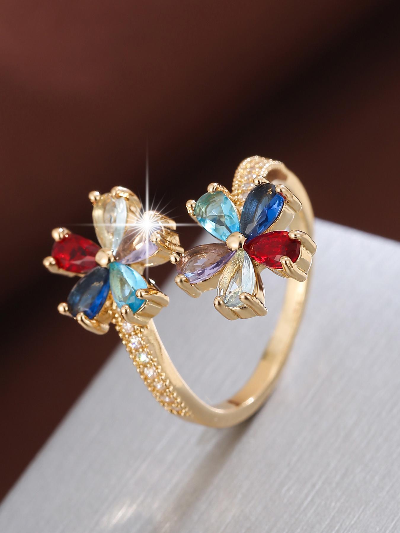 A fresh floral design with an artificial zircon opening for adjustable ladies' rings Cubic Zirconia Rings