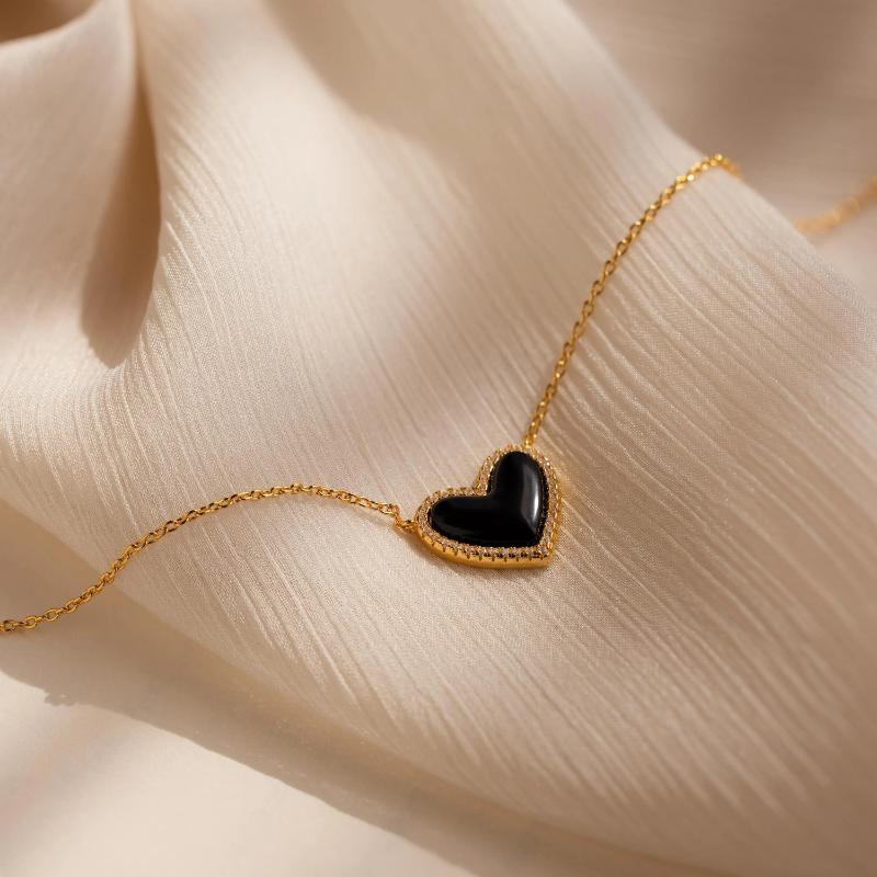 Pave Onyx Puff Heart Necklace by Caitlyn Minimalist - Black Crystal Pendant Necklace with Pave Diamonds - Coquette Jewelry - Best Friend Gift.