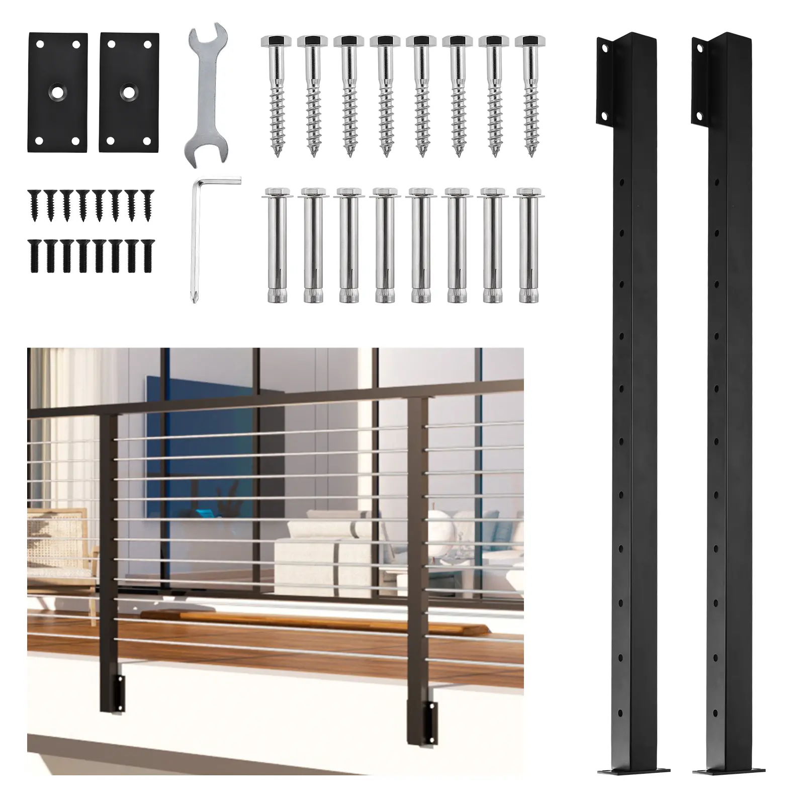 Cable Railing Post Space-Saving Black 44in Rail Columns 304 Stainless Steel Side Mount Stair Railing Posts for Porch Fence Courtyard Balcony Garden Indoor Outdoor