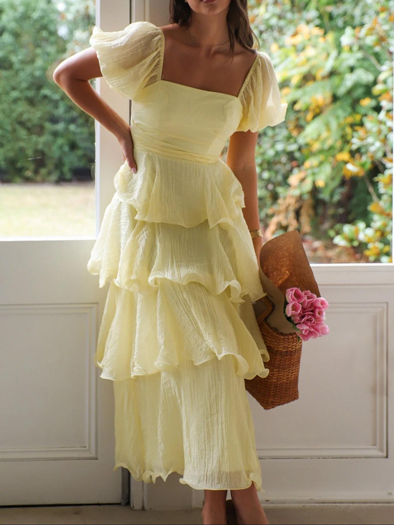 Elegant French Style Square Neck Bubble Sleeve Backless Layered Midi Dress, Casual Fitted Plain Design, Perfect for Vacation Wear