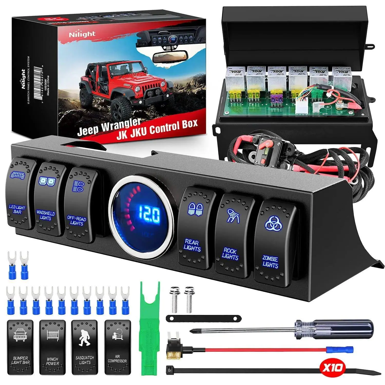 Nilight 6-Gang Rocker Switch Control System, 960-Watts, with Center Console Fit, Screwdriver & 4 Extra Switch Covers for Jeep Wrangler JK JKU 2007-2018