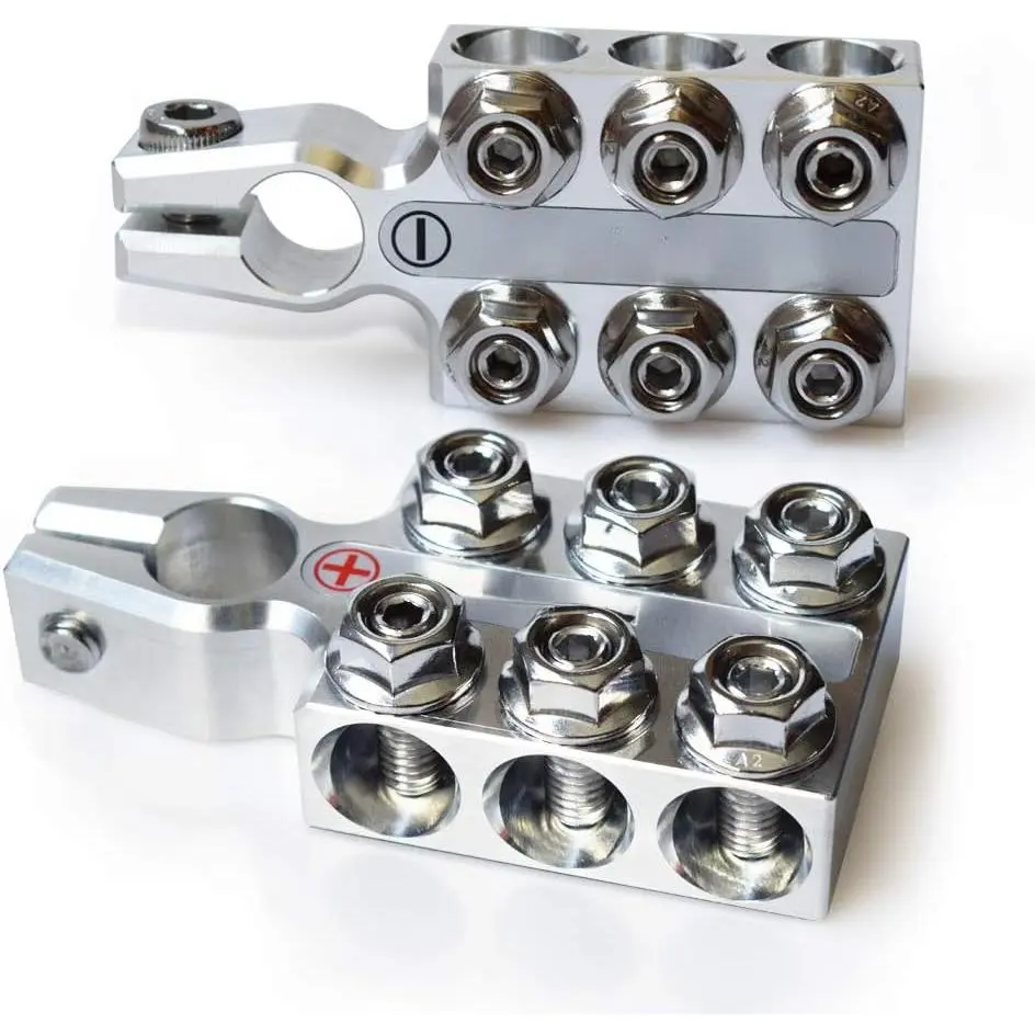 Lead Acid Battery Terminal Clamps (Pair, Positive & Negative), 8AWG to 4/0(XL) AWG Gauge, 12-Way Connectors, 6 2/0 AWG Hole Holders for SAE/DIN/EN Tapered Top Post, 24V/36V Solar Power Bank & Houseboat Use, 24 V