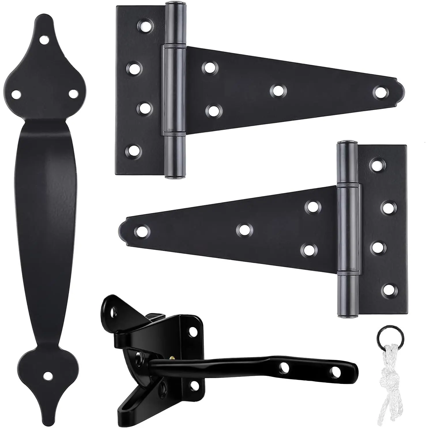 Heavy-duty door hardware kit, equipped with a self-locking door latch, 6inch T-strap door hinges, and 10inch door handles, suitable for wooden or vinyl fences, farms, gardens, and other locations, black finish