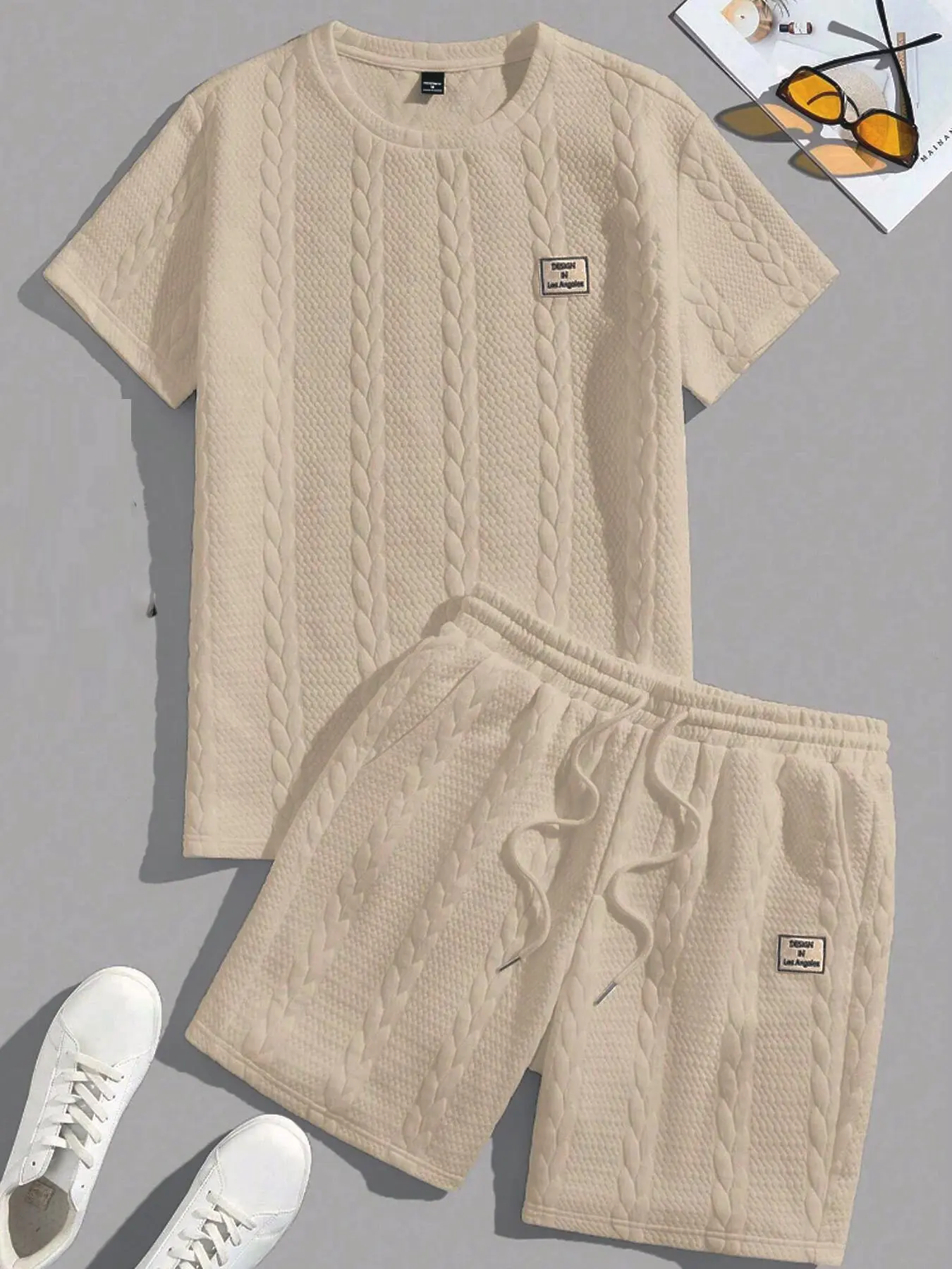 Men's Textured Knit Two-Piece Matching Set, Round Neck Short Sleeve Top & Drawstring Shorts, Summer Casual Streetwear