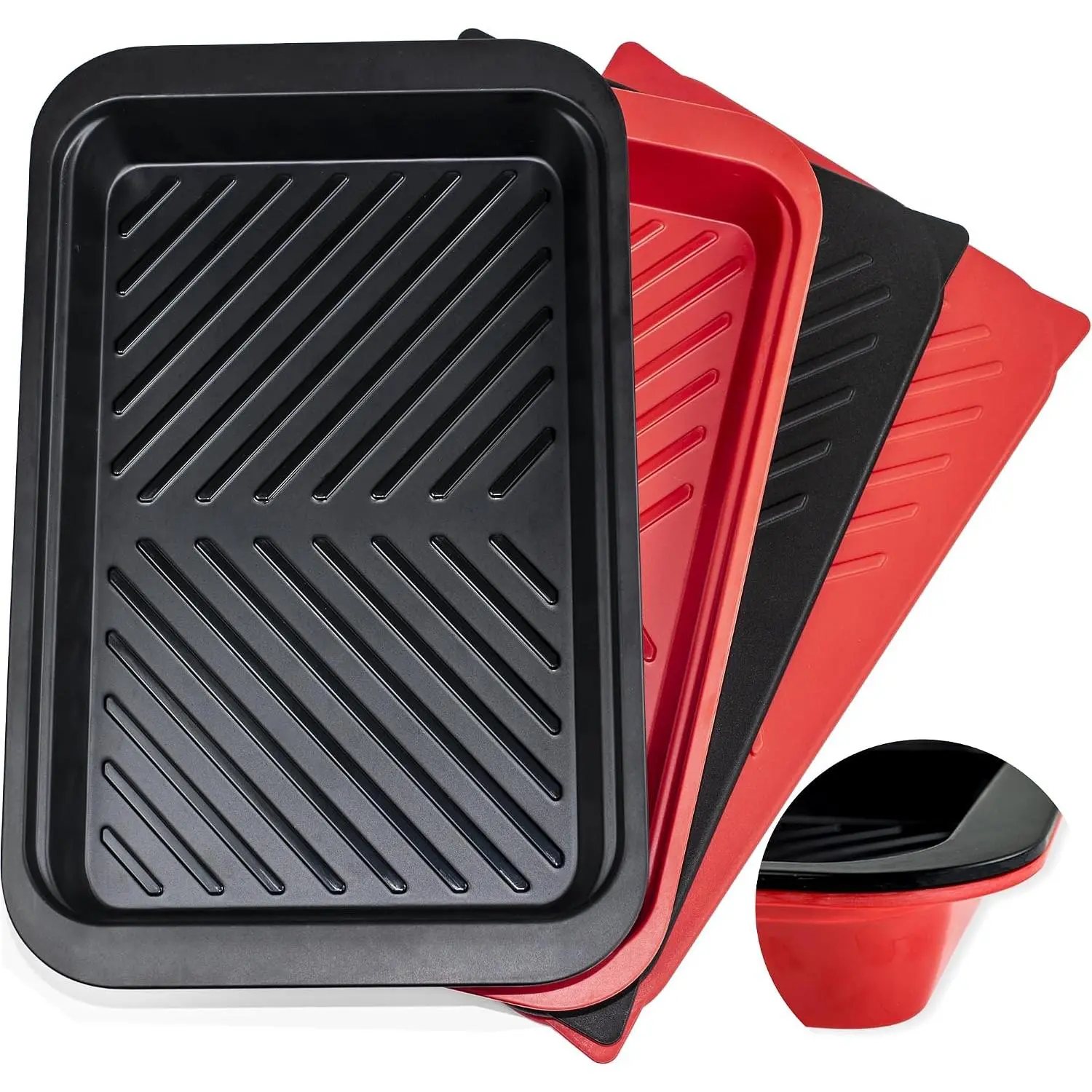 Deep Grilling Prep and Serve Trays with lid, BBQ Tray for Marinating  and Cooked , Diswasher Safe Nesting Trays Black in Red