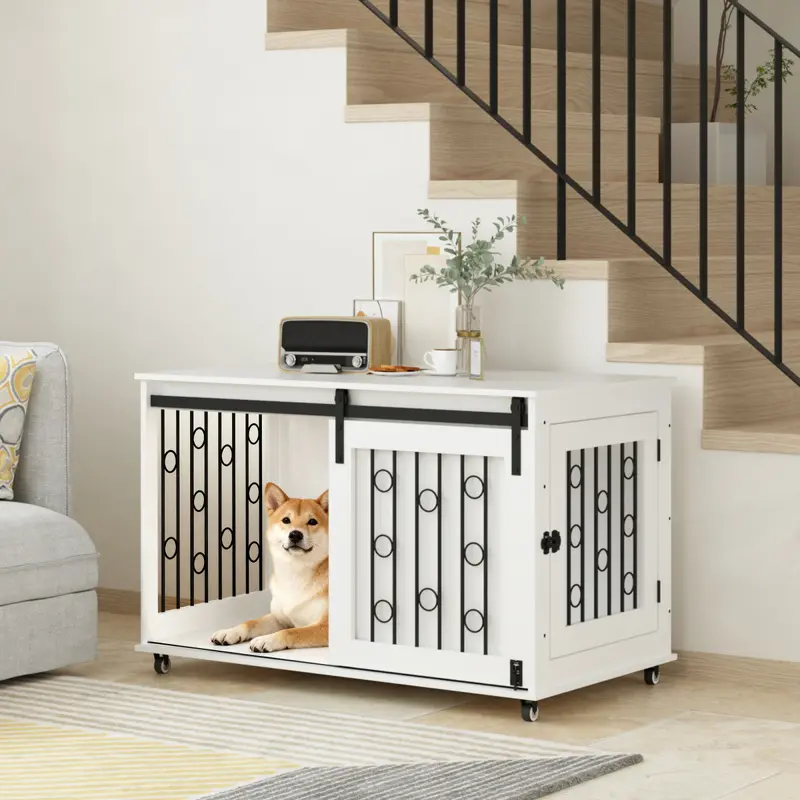 39.37 in Modern Wooden Dog Crate Furniture - Sliding Barn Doors, Side Door, MDF, Adjustable Shelf, Space Saver Kennel End Table for Small/Medium Dogs, White, Functional & Stylish