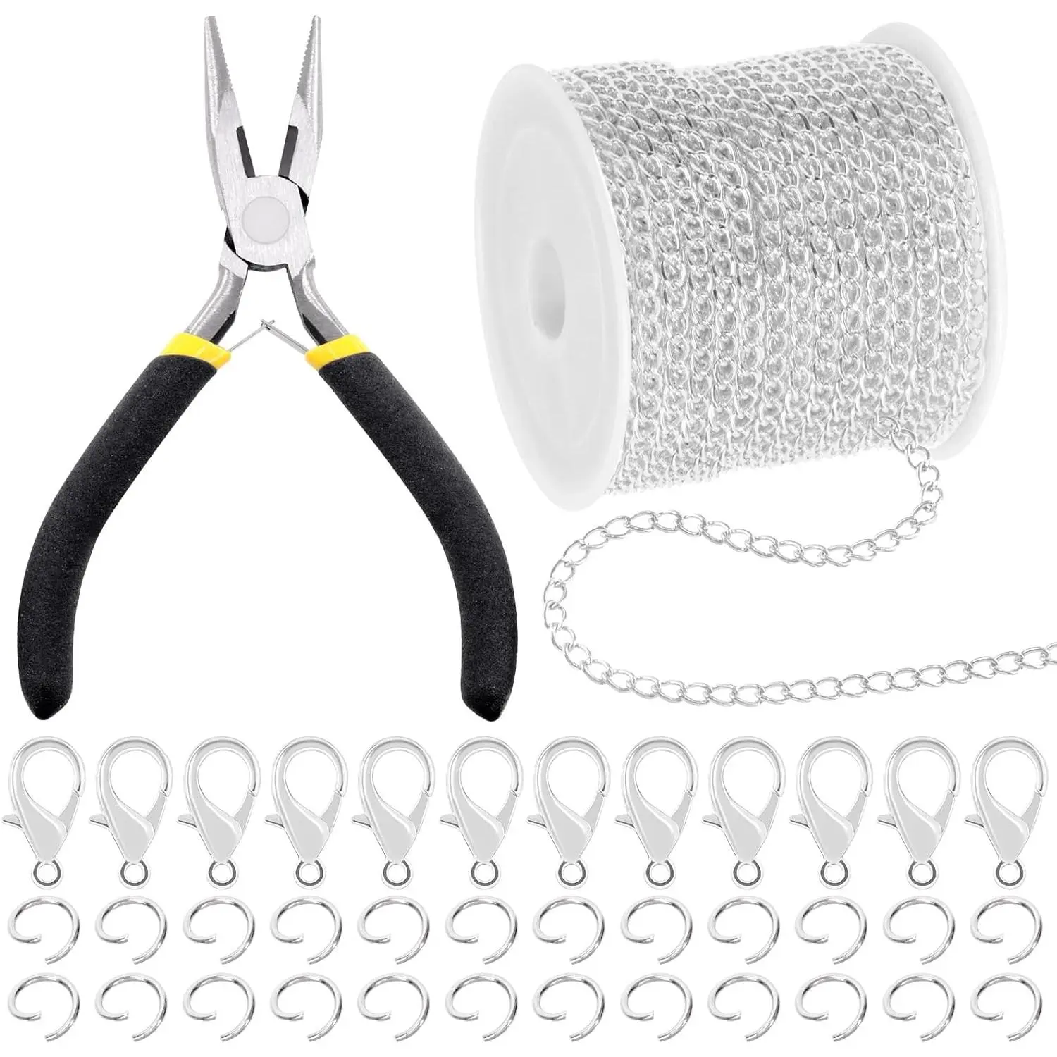 102 count  Making Kit, 10 Yards Necklace Chains with 50 count Open Jump Rings, 50 count Lobster Clasps, Chain Nose Pliers for DIY Necklace Bracelet  Making ()