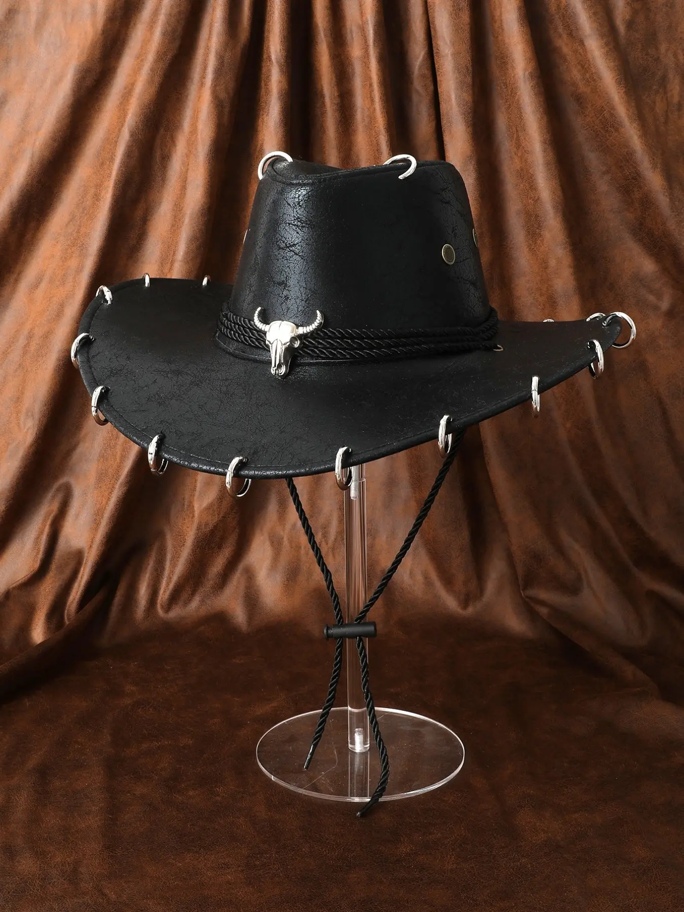 Unisex Western Cowboy Hat, Gothic Punk Style, Vintage PU Leather, Bull Head Pendant, Adjustable Chin Strap, Costume Accessories, Perfect for Theme Events, Music Festivals, Halloween Cosplay