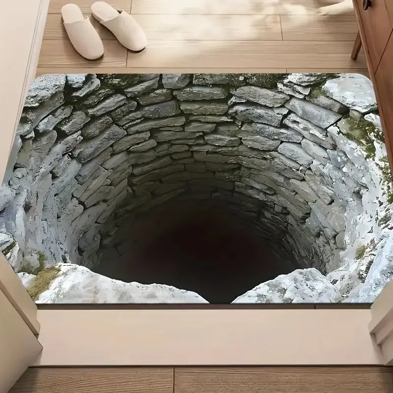 1pc 3D Optical Illusion Rug Abyss Hole Visual Trap Floor Mat Non‑Slip Backing Absorbent Quick‑Dry Washable Dirt‑Resistant Wear‑Resistant Prank Gift Indoor Outdoor Entrance Doormat Bathroom Bedroom Kitchen Living Room Porch Terrace Decor