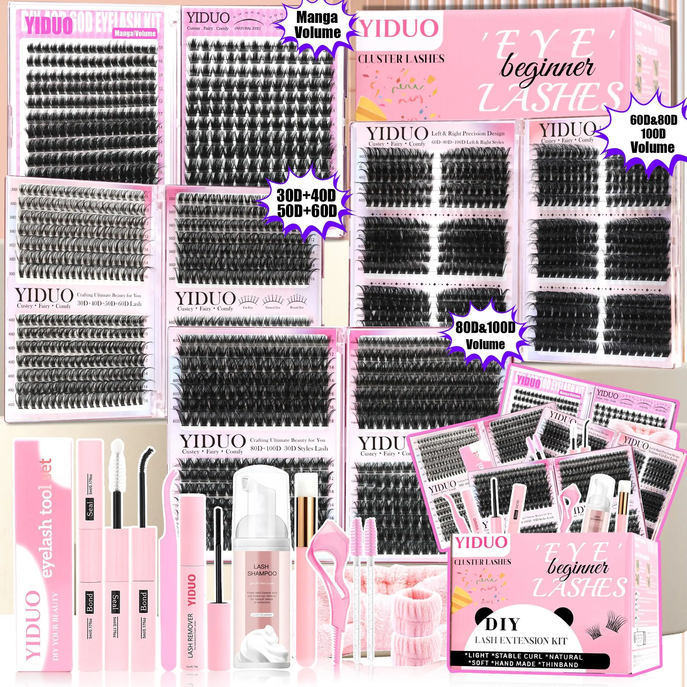 YIDUO Eyelash Cluster Kit, Volume Lash Kit, Diy Volume Eyelashes (1894/2152 Pcs) 30D-100D &Cat Eye &Spikes D-Curvature Cluster Eyelash Extension Kit with Adhesive and Eye Makeup Tools, Eyelash Kit, DIY at Home, Cluster Eyelash Set