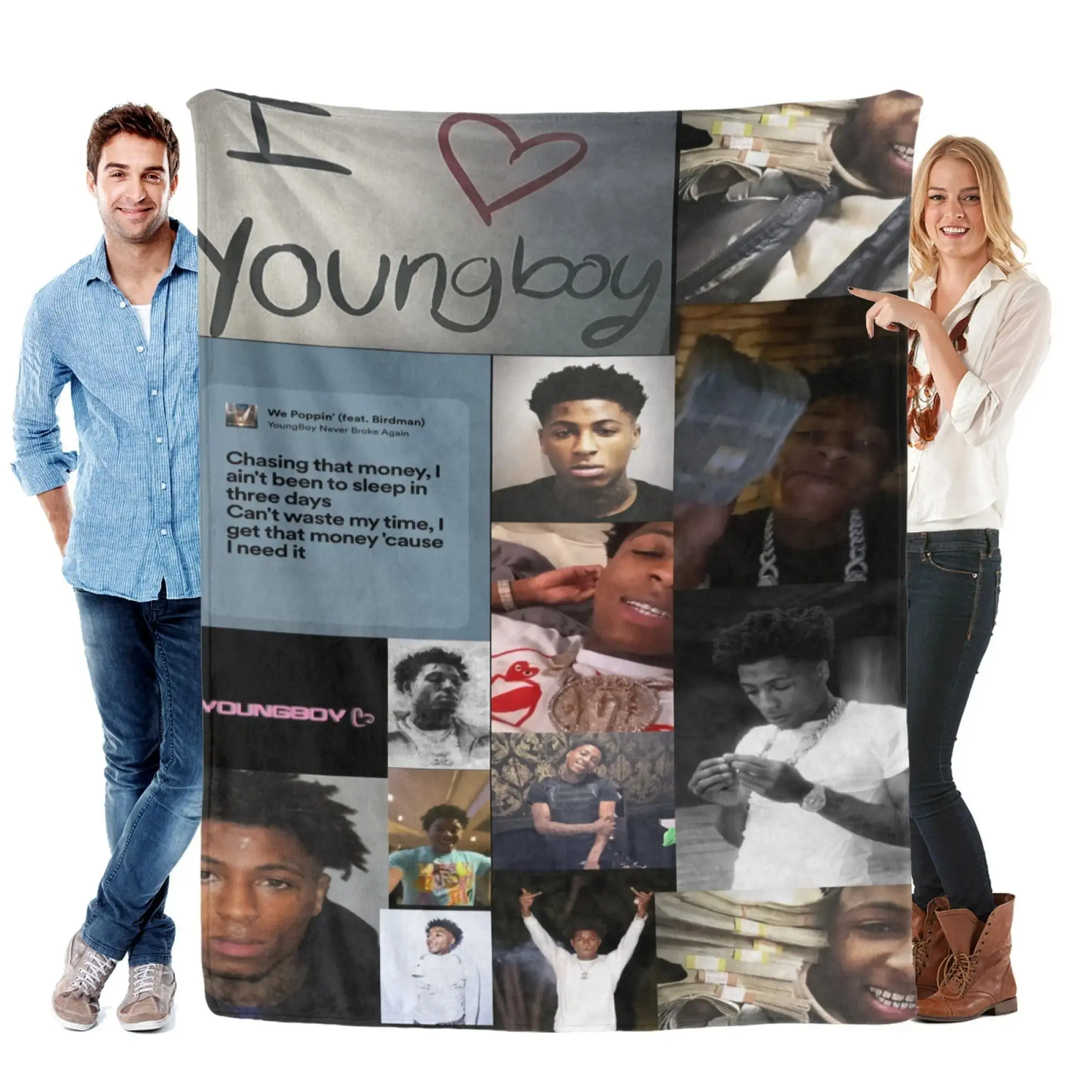 YoungBoy Never Broke Again Vivid Collage Portrait Polyester Flannel Throw Blanket - Breathable, Durable, Love Theme Song Lyrics, Soft Texture, Matches Couch Covers, Fan Gift for Christmas Valentine’s Day, Indoor-Outdoor Use for Sofa Bed