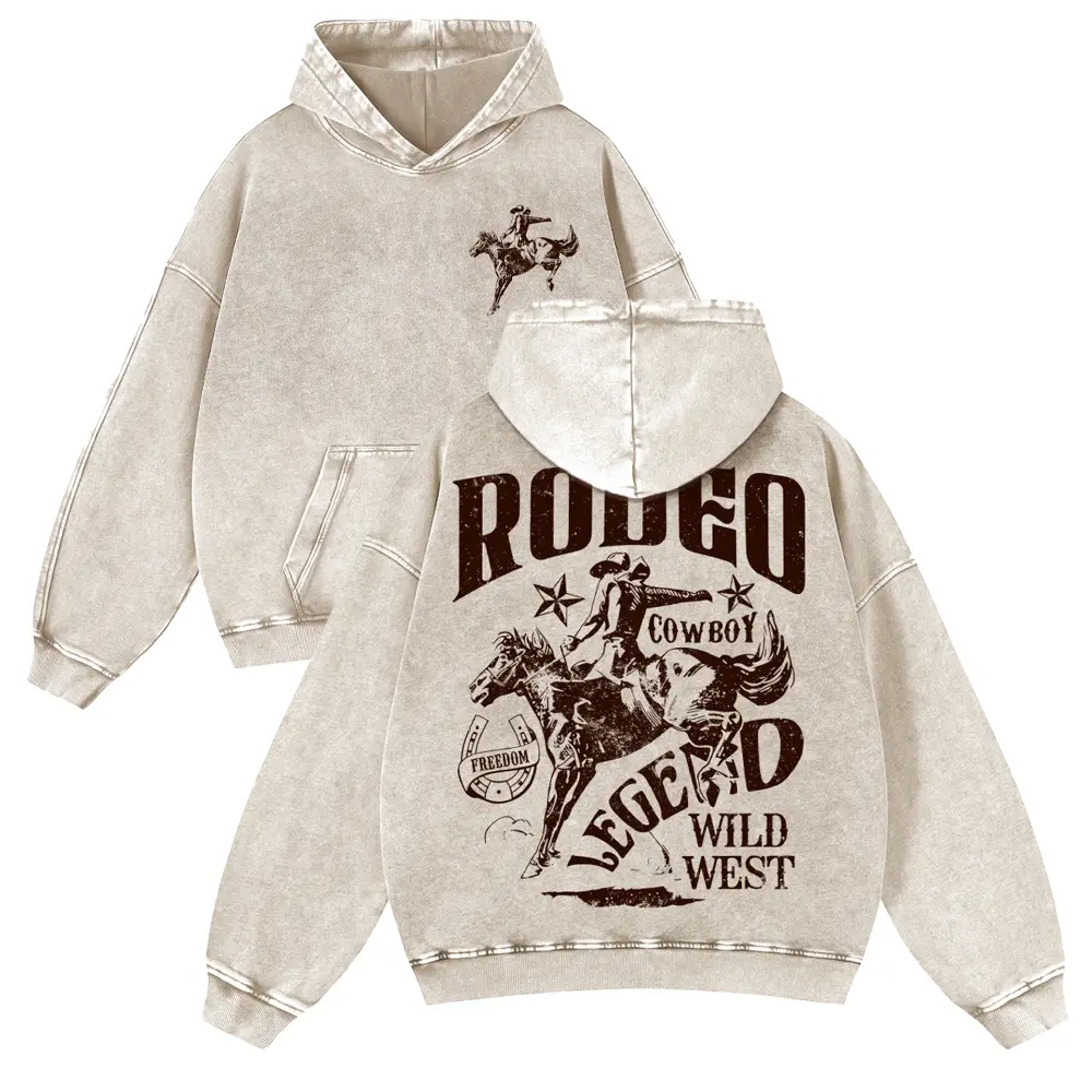 Vintage Western Wild West Hoodie Oversized Acid Wash Rodeo Cowboy Legend Graphic Sweatshirt Freedom Horseshoe Unisex Streetwear Pullover