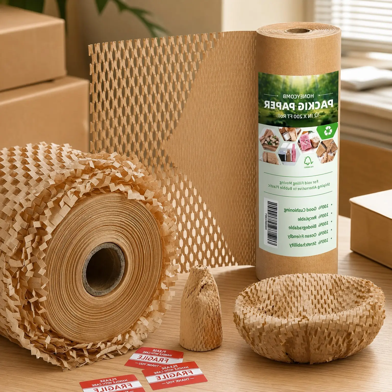 Honeycomb Cushioning Wrap Paper, 12 Inch x 200 ft – Recyclable & Biodegradable Packing Material for Moving, Shipping & Gifts, Includes 20 Fragile Sticker LabelsGift