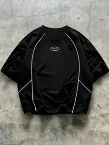 Neutral Contrast Line T-Shirt, Small Oval Patch Embroidery, Loose Sporty Short Sleeve Top, Athleisure Tee, Streetwear & Casual Daily Wear