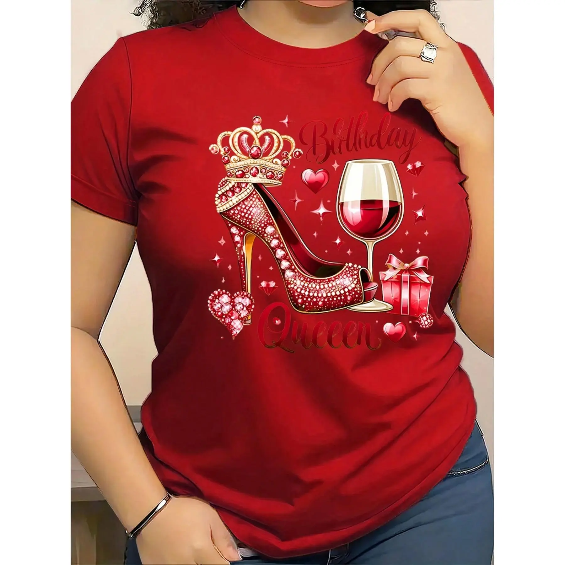 Women's Cute Asymmetrical Regular Sleeve Round Neck Loose Casual Sports T-Shirt Top - Polyester Elastane Blend, Birthday Queen Back Print, 1-Piece Spring Summer Outfit, Soft Smooth Lightweight Fabric, Party Wear, Halloween