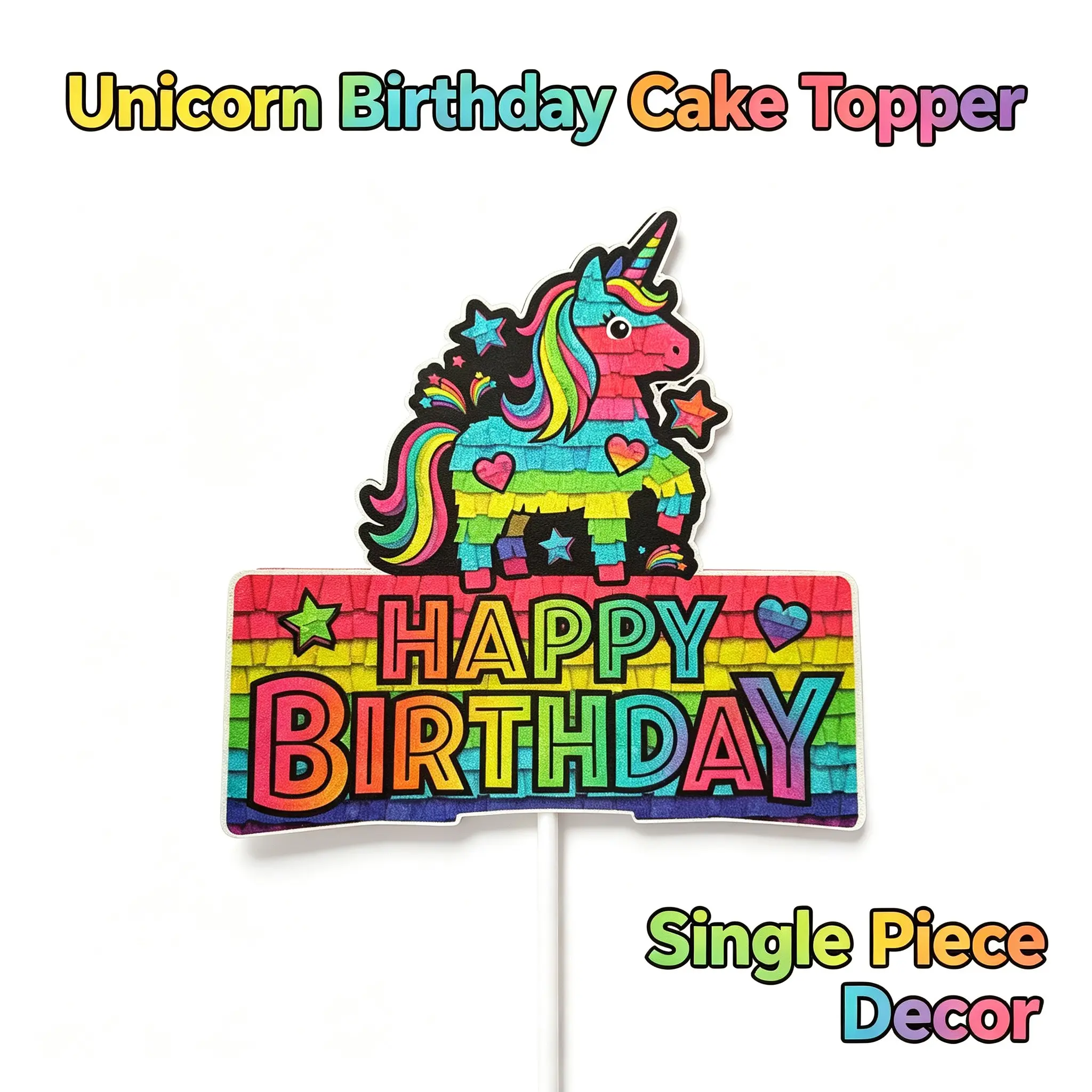 Dopamine color overload! 🌈 Rainbow glitter unicorn cake topper with dreamy hearts & stars. Instantly fulfills her princess dreams and gives the party an absolutely magical vibe! ✨🦄