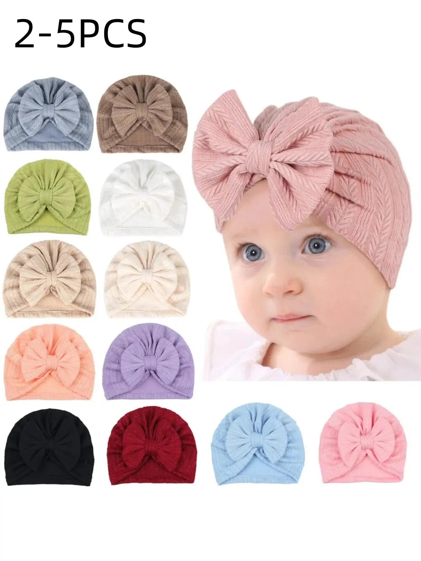 2-5pcs Baby Turban Hat with Large Bow, Breathable Infant Headwear for 0-12 Months, Cute Butterfly Design, Multiple Colors Available