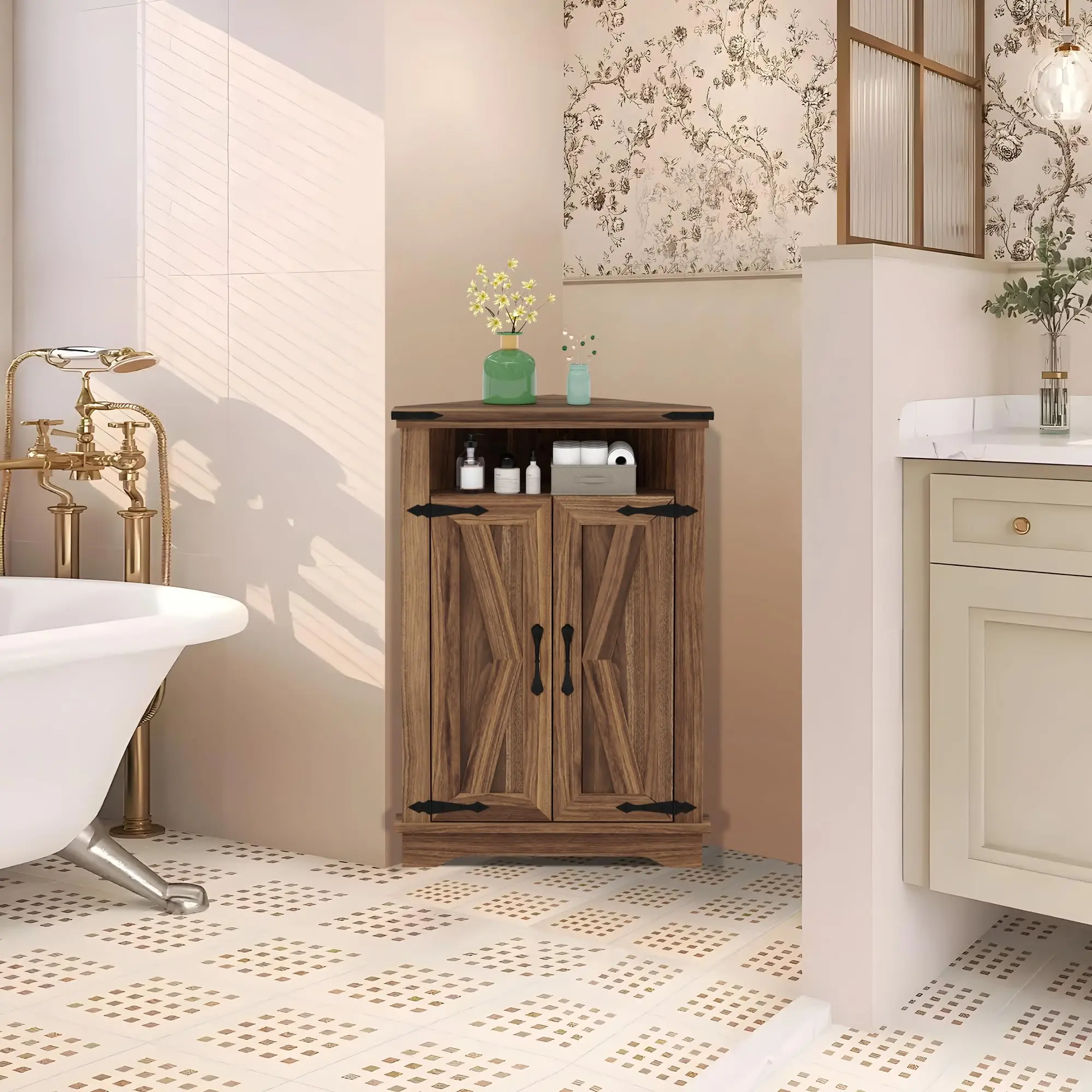 Corner Storage Cabinet with Barn Door, Farmhouse Style Corner Cabinet with Adjustable Shelves, Storage Cabinet for Living Room, Bathroom, Kitchen