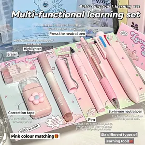 6-Piece Stationery Set, Pencil, Ballpoint Pen, Gel Pen, Highlighter, Correction Tape, Eraser, Multifunctional Office Supplies