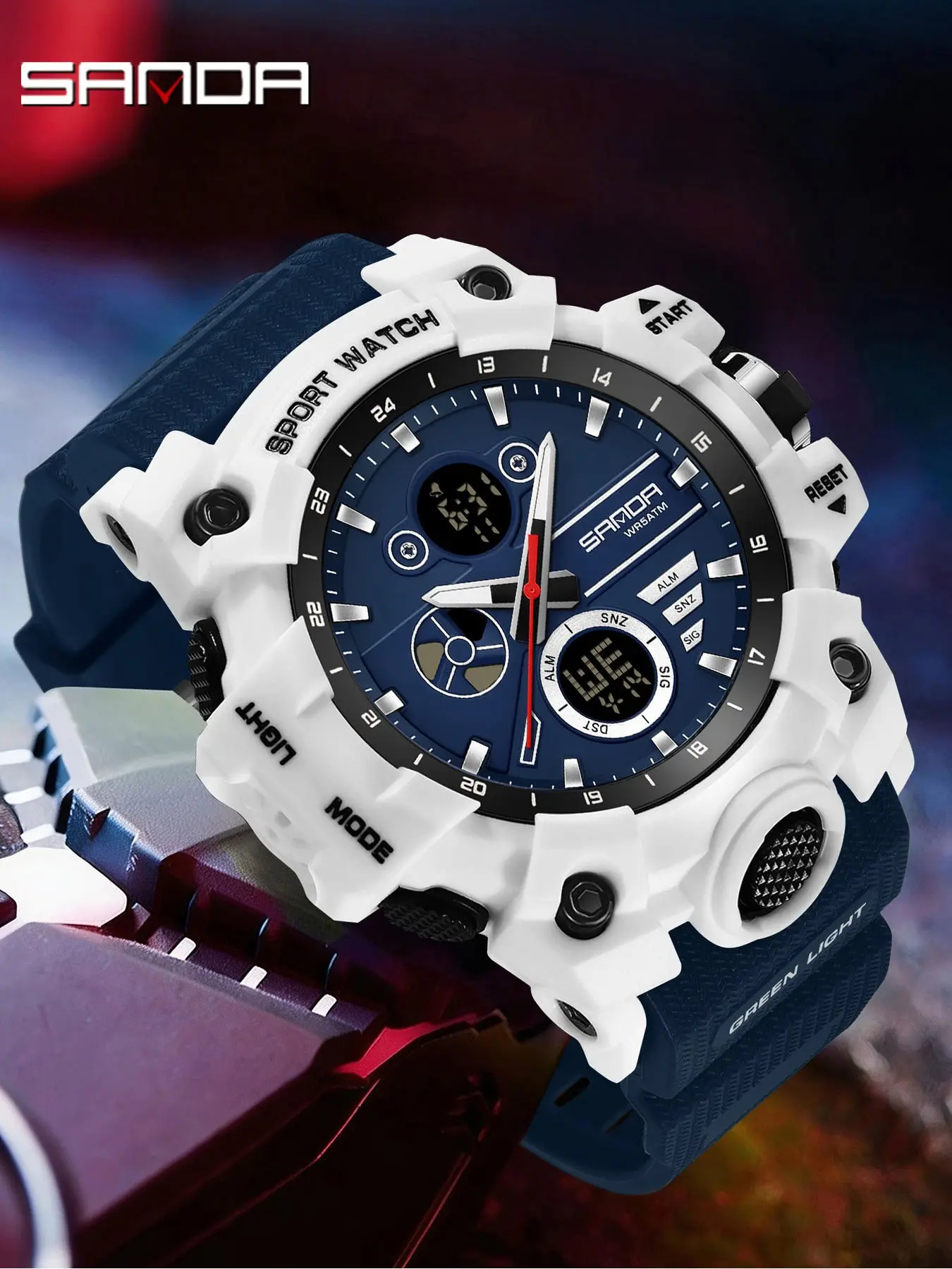 SANDA 9094 Fashion Men's Military Watch Dual Time Luminous Waterproof TPU Strap Chronograph Daytime Sports Watch with Box and Handline