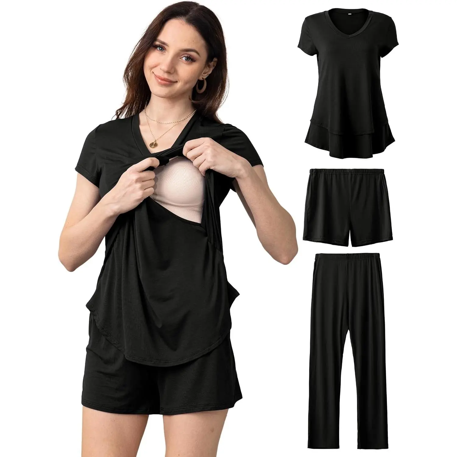 3-Piece Maternity Nursing Pajama Set with Hidden Breastfeeding Tops, Adjustable Pregnancy Shorts & Pants, Postpartum PJS(Gift)