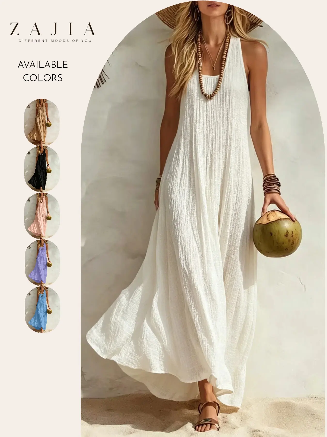 Women's Sleeveless Maxi Dress, Casual Loose Fit Bohemian Beach Dress with Pockets, Flowy Lightweight Cotton Linen Textured Long Dress for Vacation, Summer