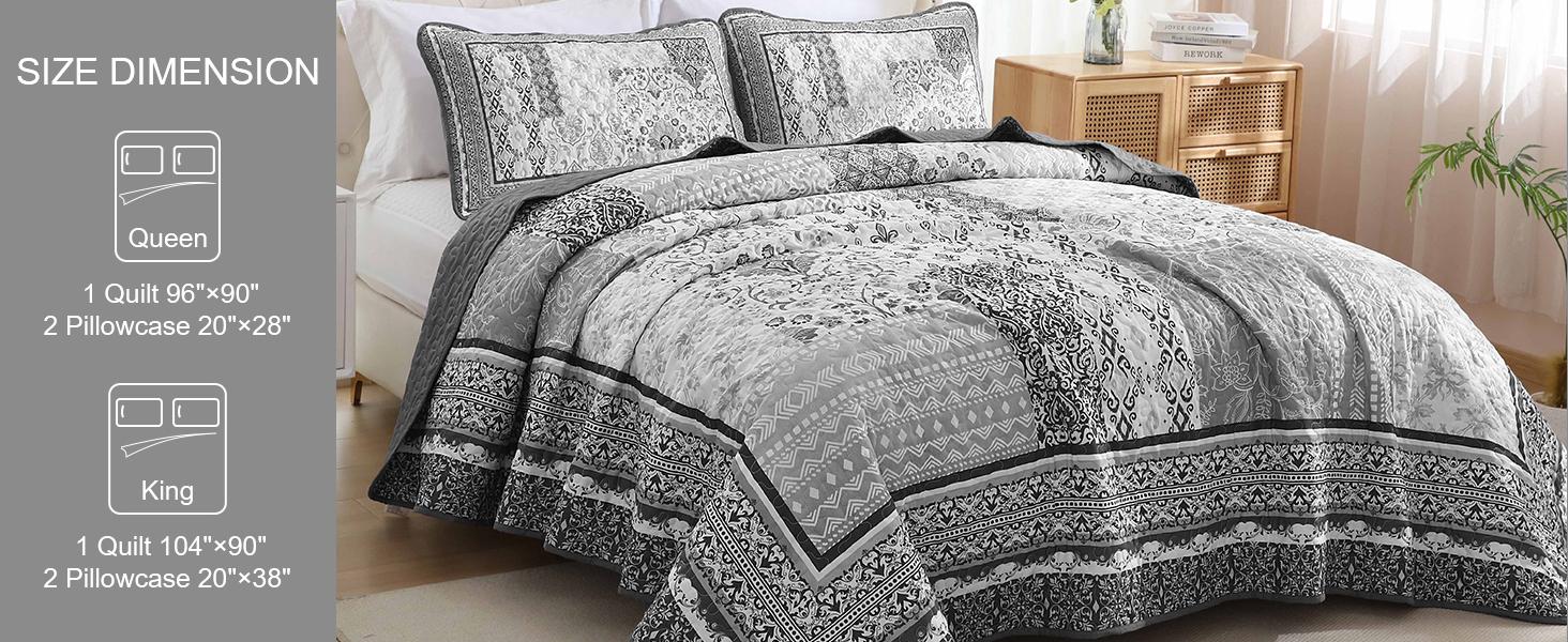 Grey Set King Size,Bohemian Floral Patchwork Bedspread Coverlet Set, Soft 3 Pieces Boho Bedspreads Bedding Set for All (104"x90")