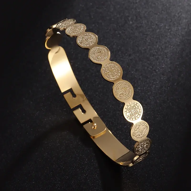 Exquisite stainless steel cross medallion cuff bracelet, trendy St. Benedict bangle, men's ring buckle jewelry gift.