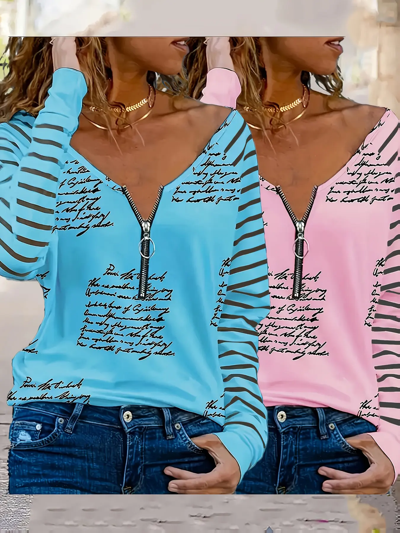 2-Pack Spring Fall New Random Print Stripe V-Neck Zipper Long Sleeve Casual Loose Fit Top, Women's Comfortable Base Layer T-Shirt