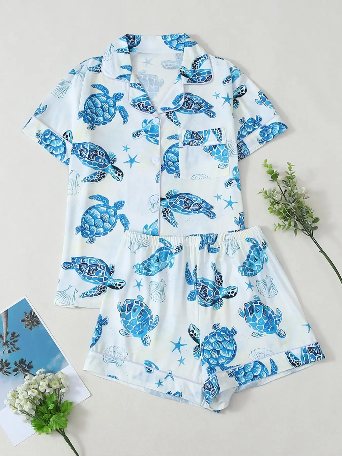 2pcs/Set Cute Ocean Theme Sea Turtle Printed Women Pajamas Set, Short Sleeve Collared Top & Relaxed Elastic Waist Shorts, Casual Sleepwear Loungewear, Knit, Fitted, All Seasons, Two Pieces Set, Pjs, Pj Sets