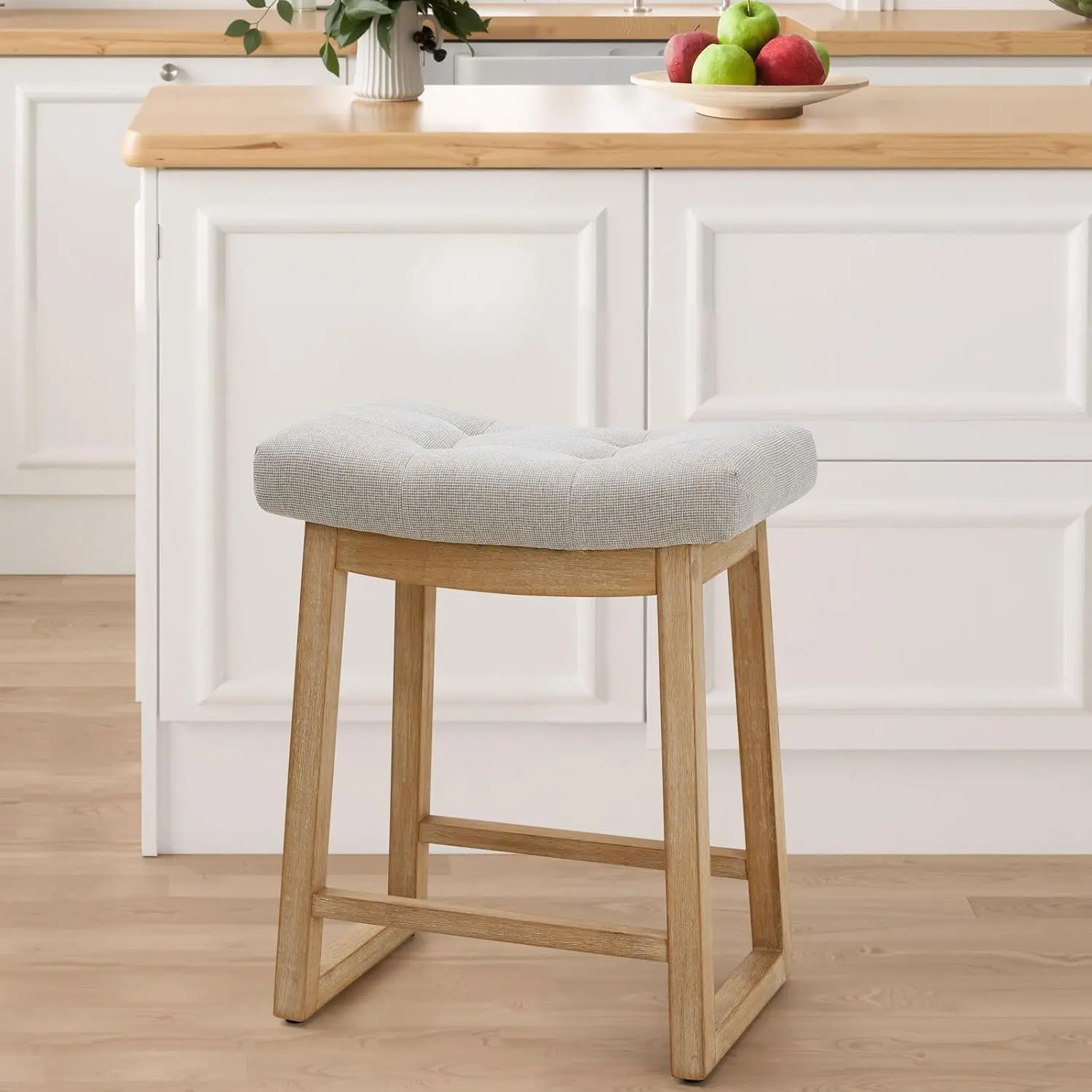 FREKEN Counter Height Bar Stool, 24 Inch Backless Upholstered Bar Stool with Wood Legs, Modern Farmhouse Saddle Stool for Kitchen Island, Home Bar, Beige Fabric indoor furniture chair countertops tools
