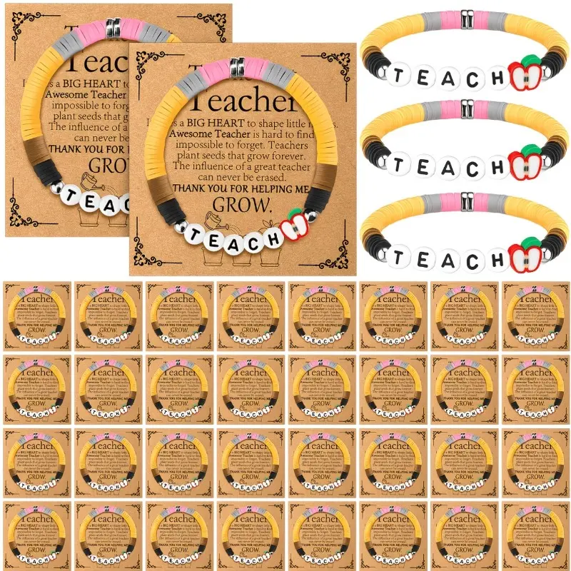 24Pcs Teacher Appreciation Bracelet Gifts Bulk, Pencil & Apple Beaded Stretch Bracelets with Thank You Cards, Yellow Bead Jewelry Set, Graduation & Holiday Presents for Women Teachers Multi-Item Party Favor Packs