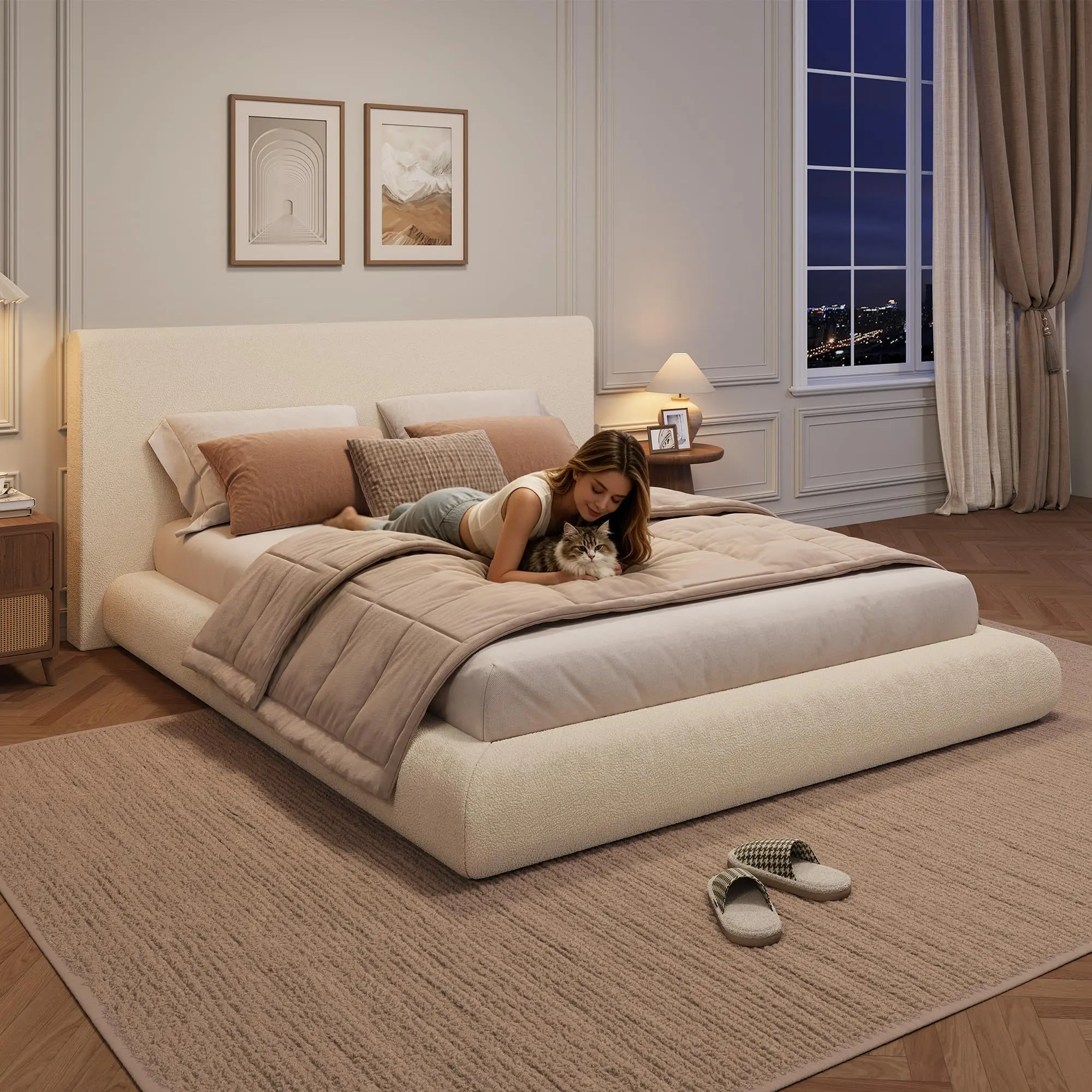 Upholstered Headboard Full/Queen/King Size Bed Frame King Size – Modern Cloud Platform Bed, Soft Plush Fabric, No Box Spring Needed, Easy Assembly Bedroom Bed Frame