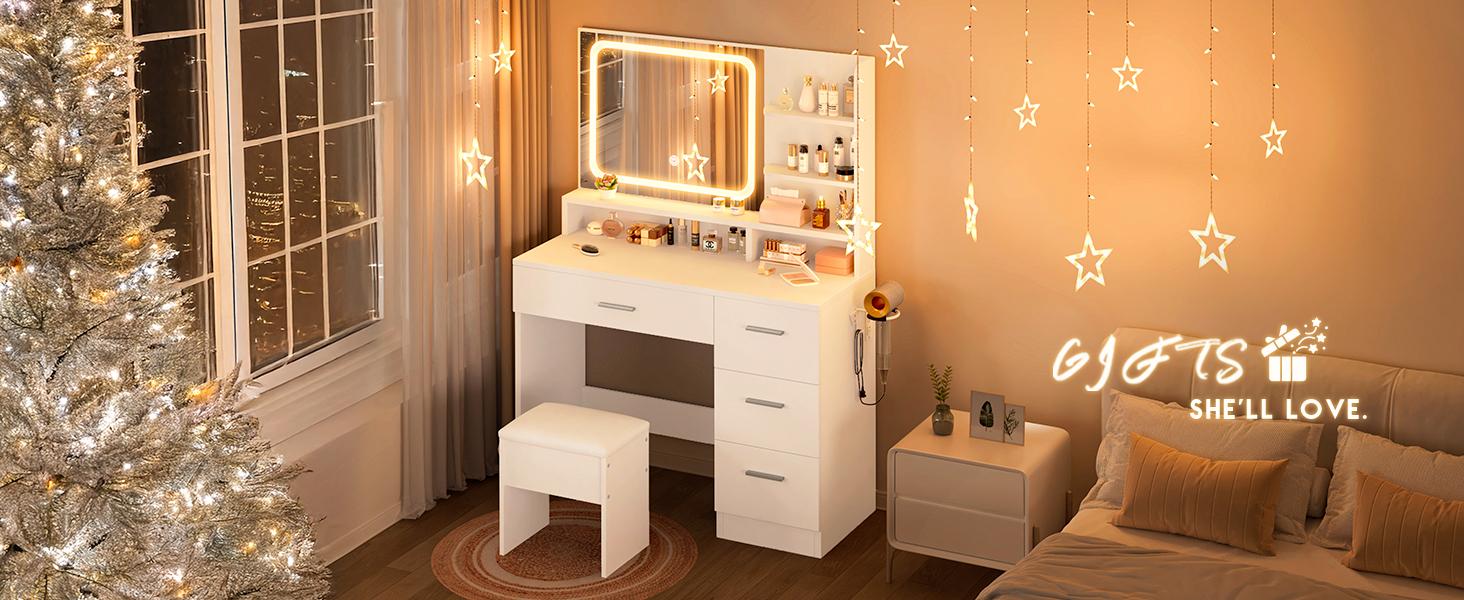 Makeup Vanity Desk with Smart LED Mirror & Charging Station 35.4" White Vanity Table Set with Cushioned Stool 4 Drawers Hairdryer Rack Modern Bedroom Dressing Table White chair light