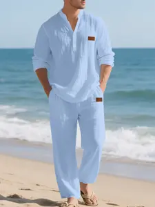Men's Linen Blouse Set, Loose Fit V-Neck Henry Shirt, Long Sleeve & Pants, Breathable Casual, Fall New Arrival